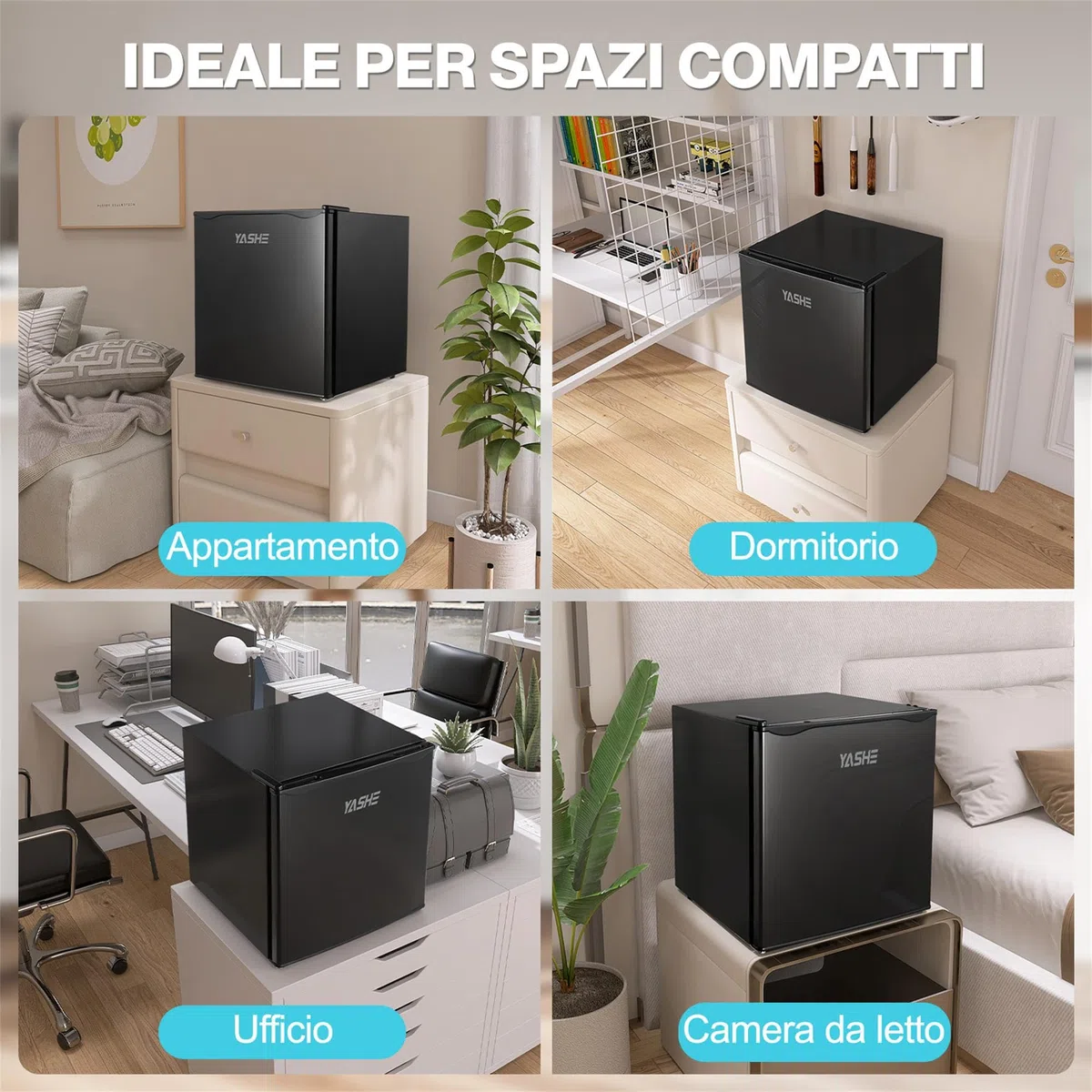 YASHE 52L Frigorifero Piccolo con Congelatore, Mini Frigo da Camera, Termostato Regolabile a 5 Livelli, Porta Reversibile e Silenzioso, Frigorifero Compatto per Ufficio, Casa e Camper