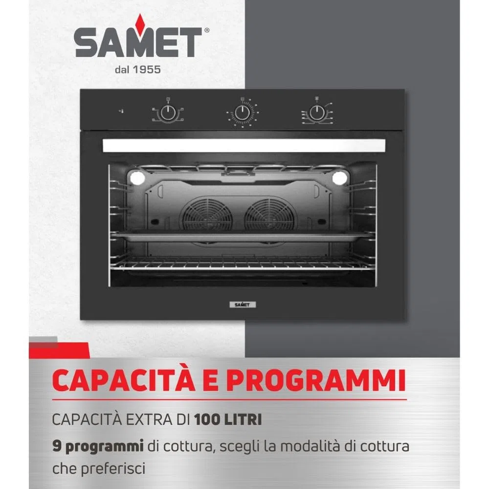 Samet, Forno da Incasso Ventilato 90 cm Apollo Nero, Maxi Forno Multifunzione 100 Litri Classe A, con Doppia Ventola, Doppia Lampada e Timer Meccanico, 89,5x57x59,5 cm