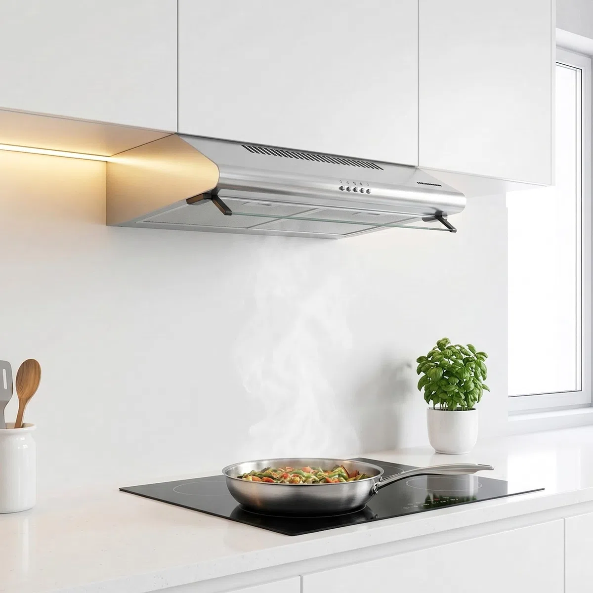 XCH-450S Cappa aspirante Piano di lavoro 60cm, Cappa Cucina Scarico e Riciclaggio 347,4 m³/h, Doppio Motore, Acciaio inossidabile, Argento