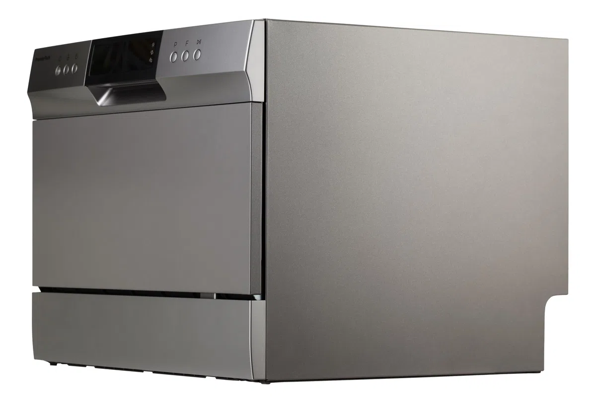 PremierTech Mini Lavastoviglie compatta da tavolo, Lavastoviglie 6 coperti, 8 programmi, Libera Installazione e Incasso, Da Appoggio, Display Led, Silver PTLS6S