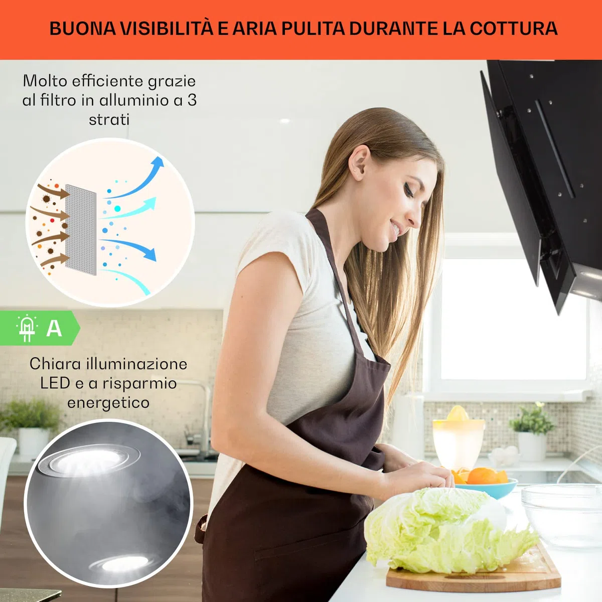 Klarstein Alina Angled Cappa Aspirante 60 cm, Cappa Cucina con Aspirazione Smart, Con Filtro per Cappa in Carbonio, Flusso d'Aria 594m³/h, Illuminazione LED RGB, Cappa Sottopensile Esterno Classe A