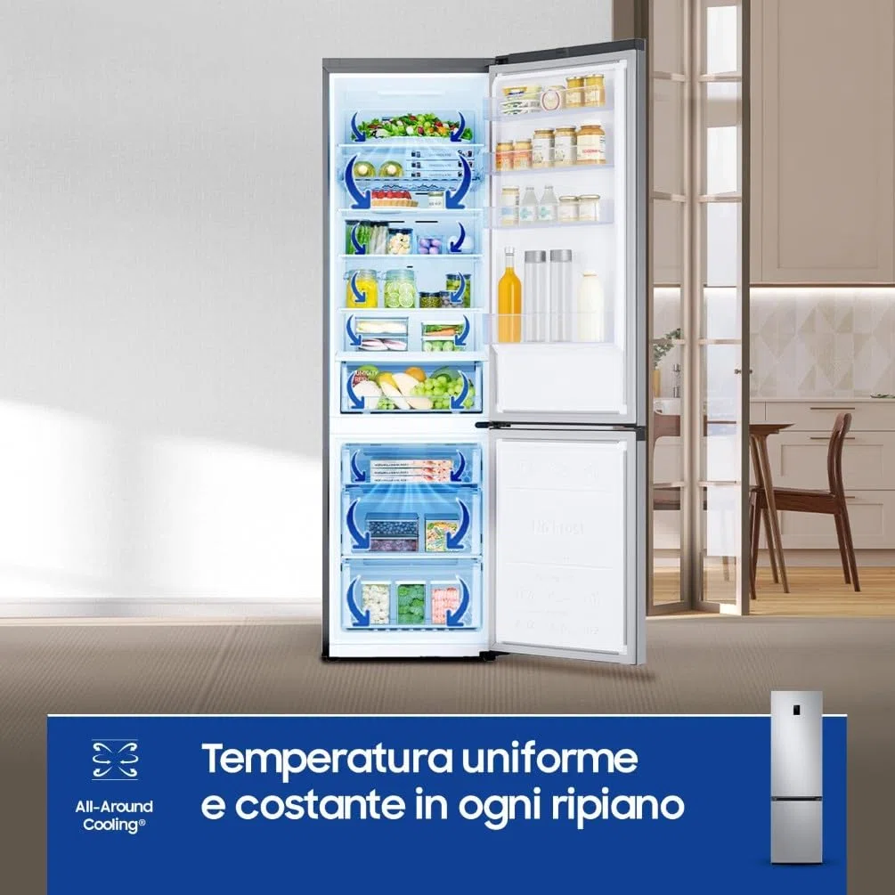 Samsung EcoFlex AI RB38C672CSA/EF Frigorifero Combinato, WiFi, SpaceMax, Total No Frost, All Around Cooling, Motore Digital Inverter Garantito 20 Anni, 390 L, LxAxP: 59,5 x 203 x 65,8 cm, Silver Inox