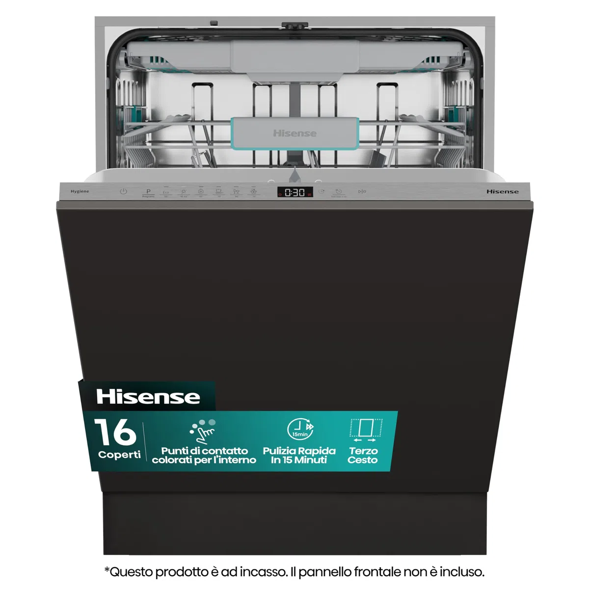 Hisense HV16C Lavastoviglie Classe C 16 Coperti Terzo Cesto 43dB 6 Programmi Partenza Ritardata Total Dry Incasso