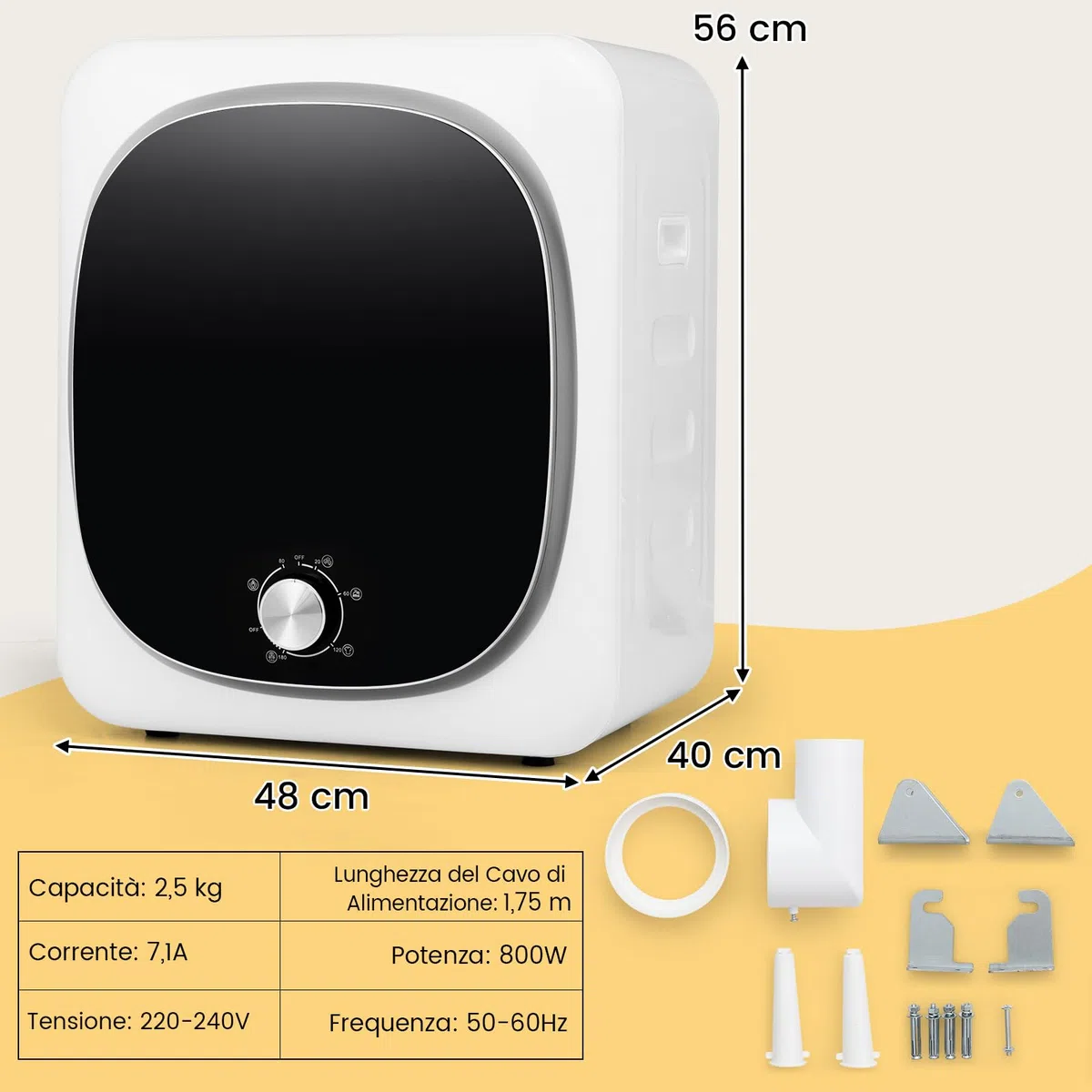 GYMAX Asciugatrice Compatta per Bucato, Asciugatrice Elettrica da 800 W con Schermo Tattile LED, Asciugatrice in Acciaio Inox da 5 kg, Macchina Asciugatrice Elettrica per Casa(Meccanico)