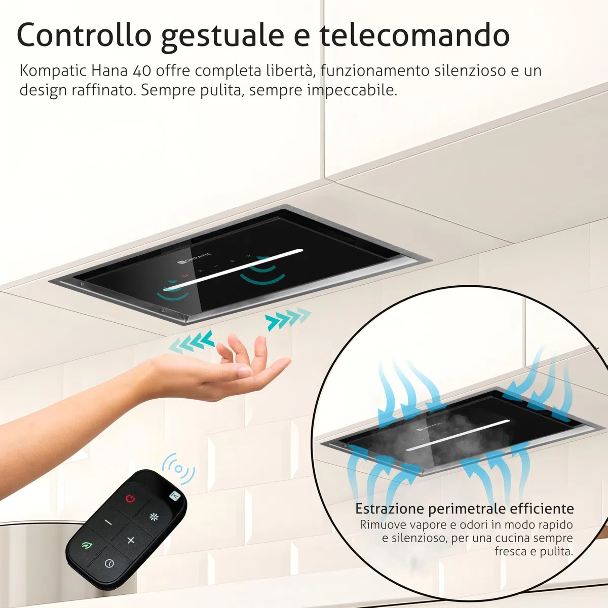 HANA 40 KPHN40BIS Cappa aspirante Incasso, A++, Controllo gestuale, Touch, Telecomando, Modalità purificazione aria, 450 m³/h, LED dimmerabile, Regolazione temperatura colore, 40 cm