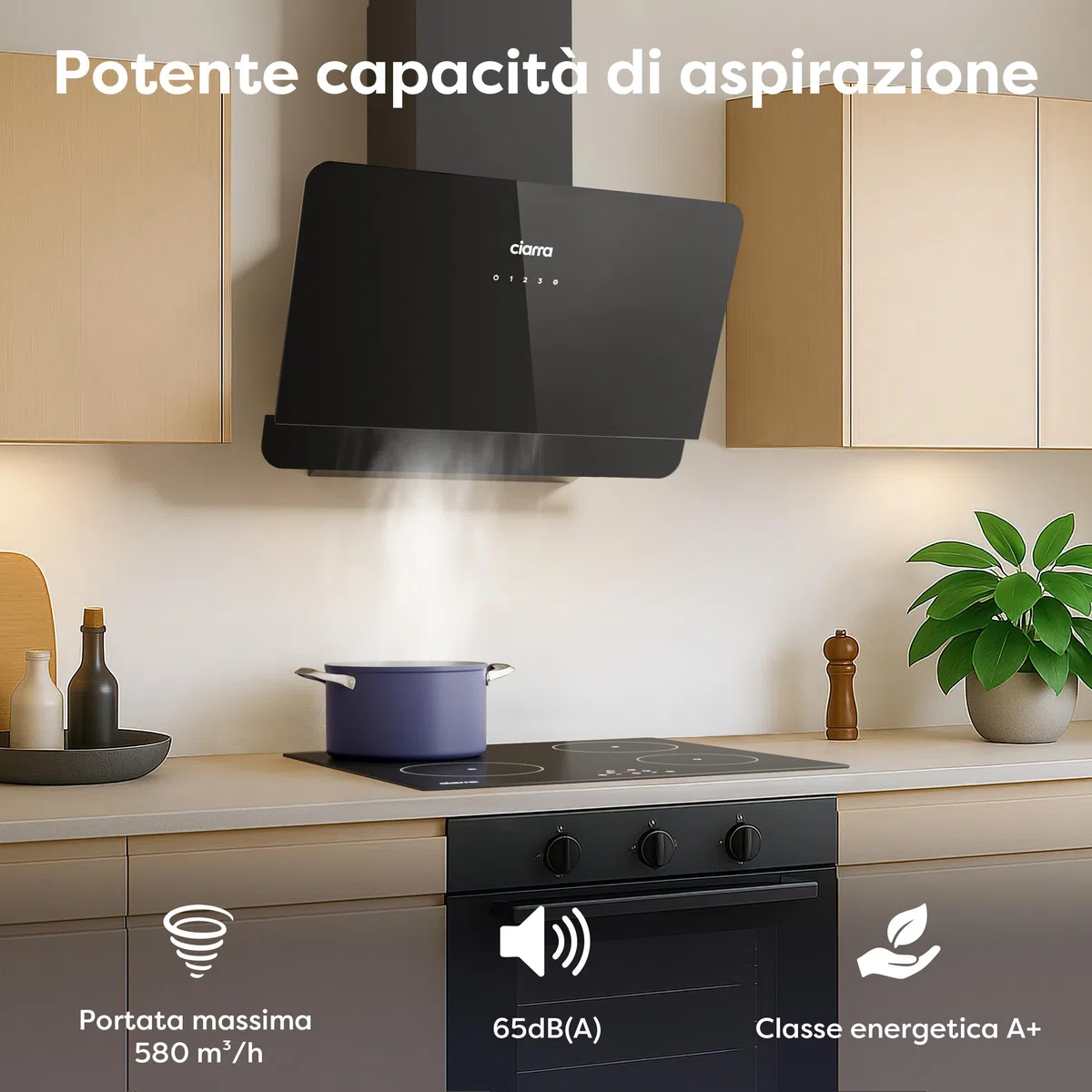Ciarra CBCB6765C Cappa Aspirante 60cm - Classe A+ - 580m³/h - 3 Velocità - Filtri a Carbone CBCF055 Inclusi - Cappa Inclinata Scarico o Ricircolo - Nera