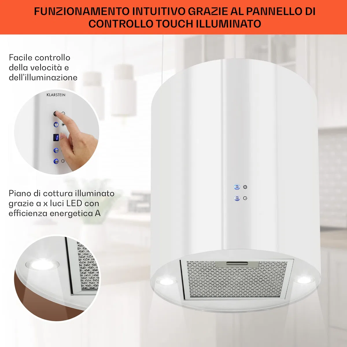 Klarstein Cappa Sospesa Isola Cucina LED 558m³/h Filtri Antigrasso Carboni Attivi