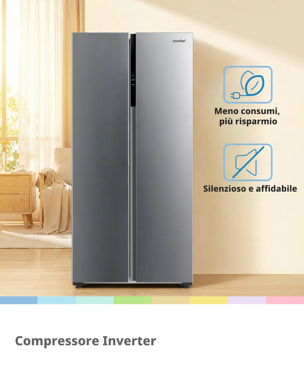 COMFEE' RCS609IX2 Frigorifero-Congelatore Americano/No Frost/Compressore Inverter/Altezza 177,5 cm/271 L di Refrigerazione/189 L di Congelamento/Doppio controllo/SuperCool, Inox