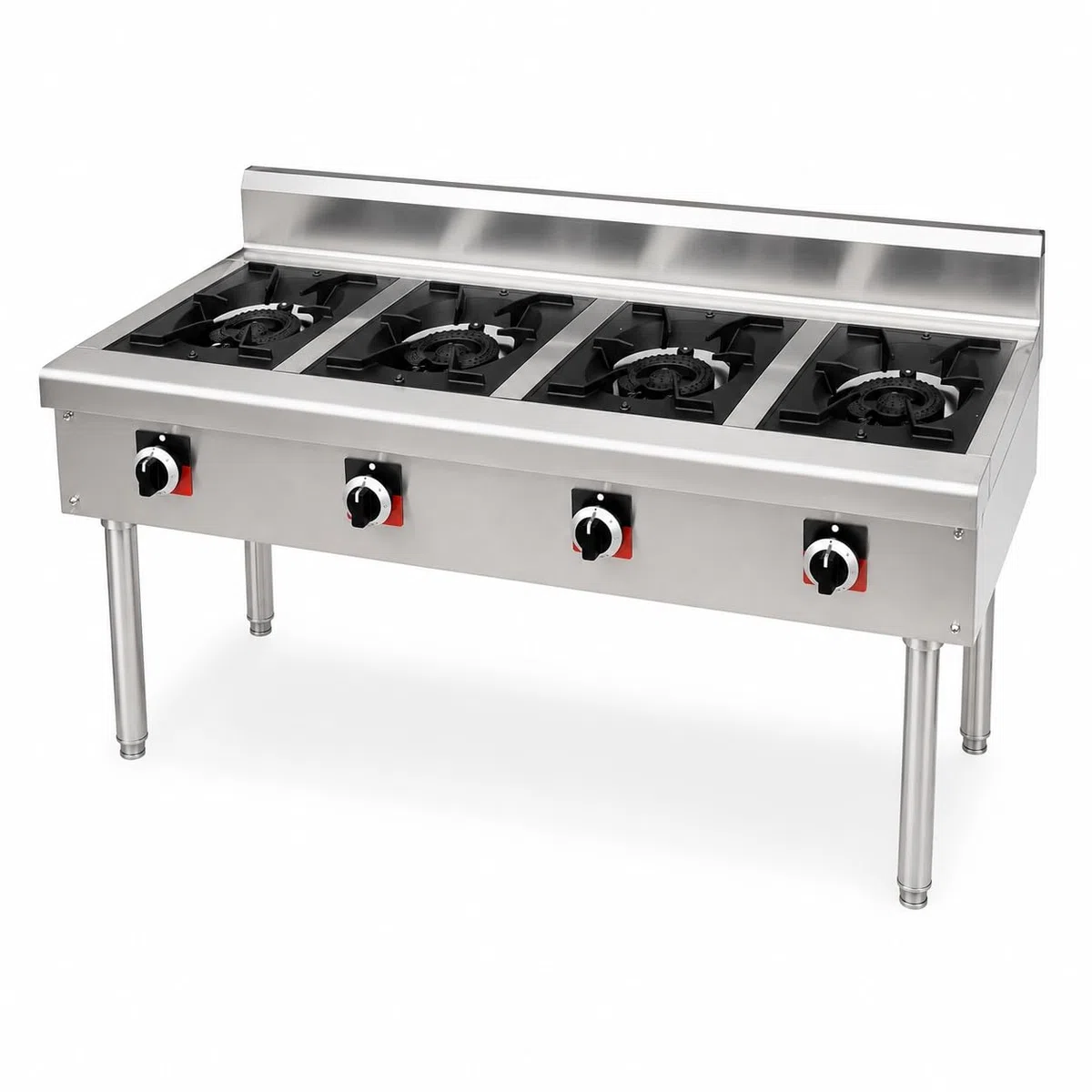 GrecoShop Fornello Professionale a Gas 4 Fuochi in Acciaio Inox con Supporto regolabile in Altezza–Cucina Industriale per Ristoranti, Pizzerie e Catering, Bruciatori, Struttura Professionale
