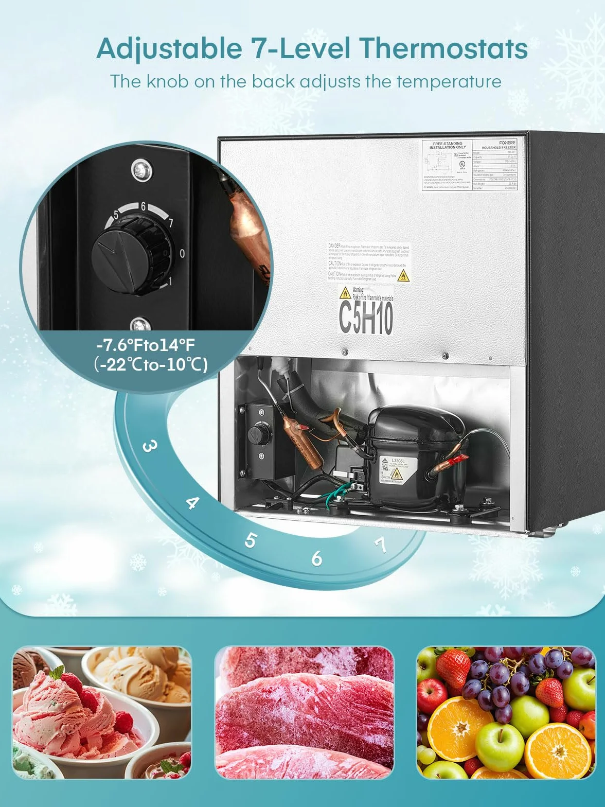 FOHERE 32L Mini Congelatore, Congelatore Piccolo con Porta Reversibile,Silenzioso, 7 Termostato Regolabile, per Hotel/Dormitorio/Appartamento/Ufficio, Nero