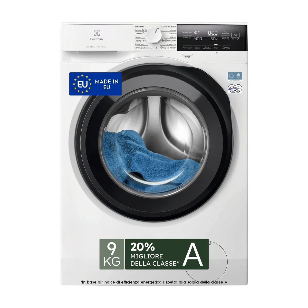 Electrolux Lavatrice Frontale Serie 700 SteamCare EW7F39, 9 kg, Classe A, Programma Vapore Refresh, QuickCare 69 min, Tecnologia SensiCare+, CareDrum, 74 dB, 847x596x572 mm