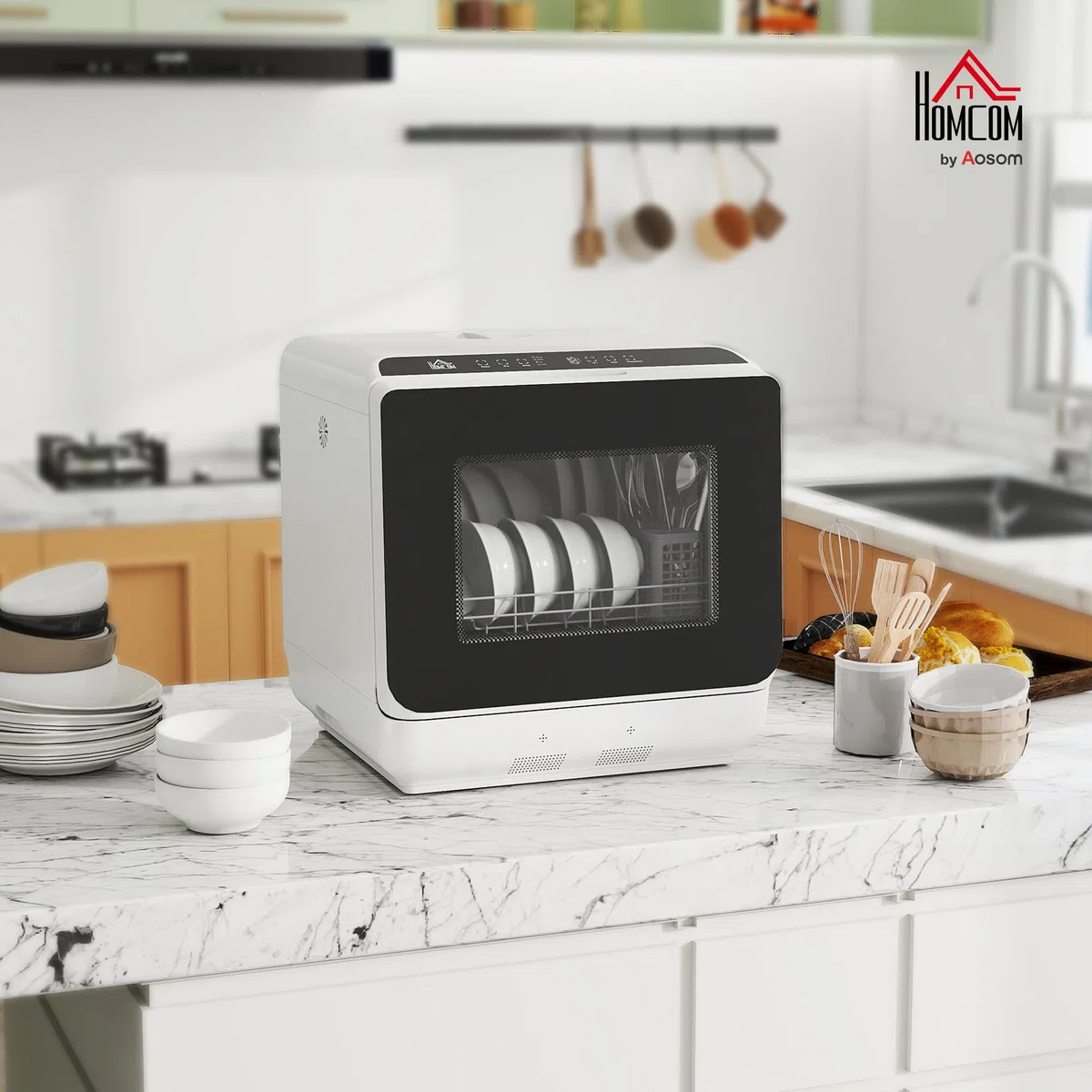HOMCOM Mini lavastoviglie autoportante, con 4 controsoffitti, 5 programmi, funzione asciutta, serbatoio dell'acqua da 6 l, display a LED, lavastoviglie con/senza attacco per acqua per campeggio