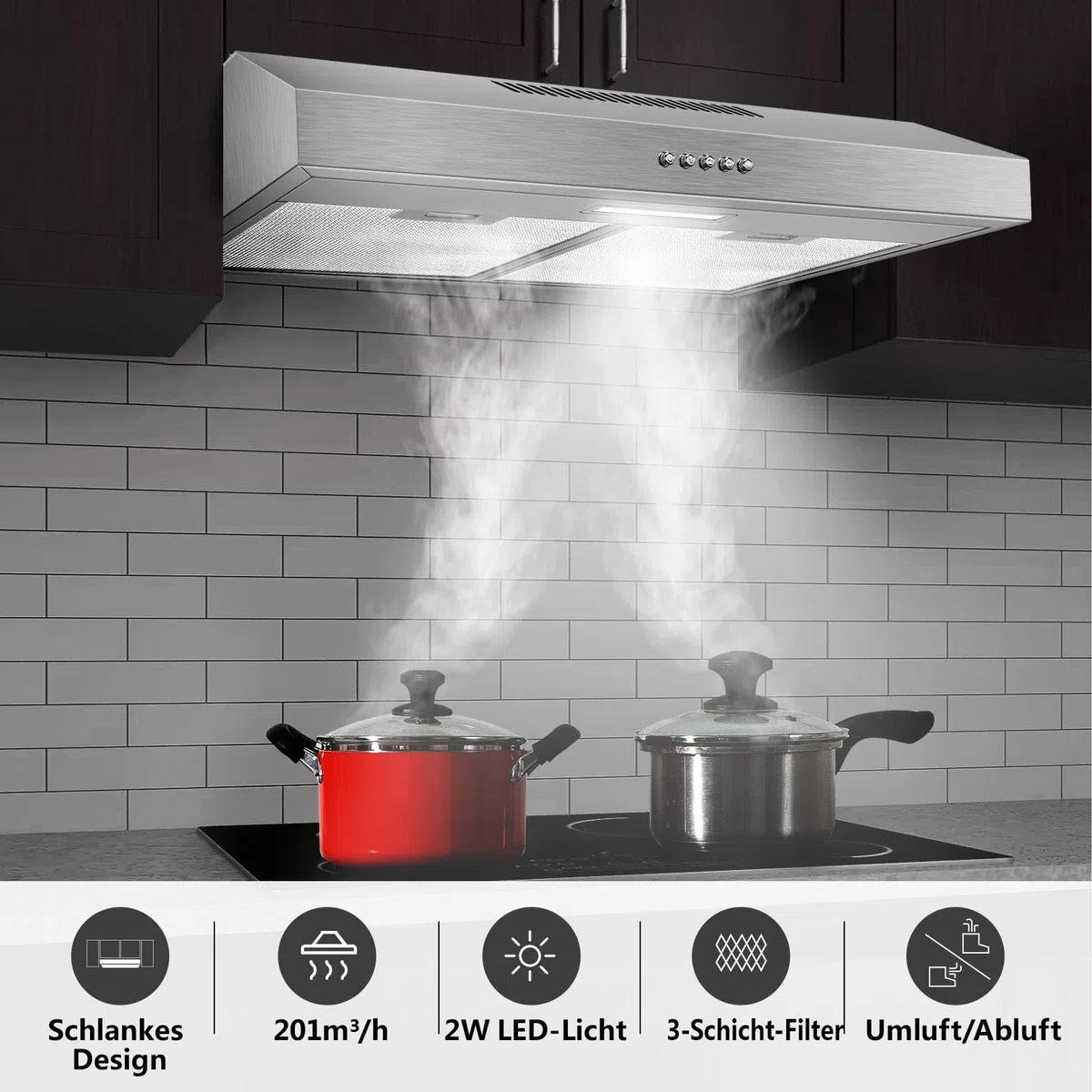 TopStrong Cappa aspirante 60cm sottopiano, cappa aspirante 60cm aria circolante/aria di scarico 201 m³/h, cappa cucina aspirante con filtro a carboni attivi CF-K, inox, 3 gradini