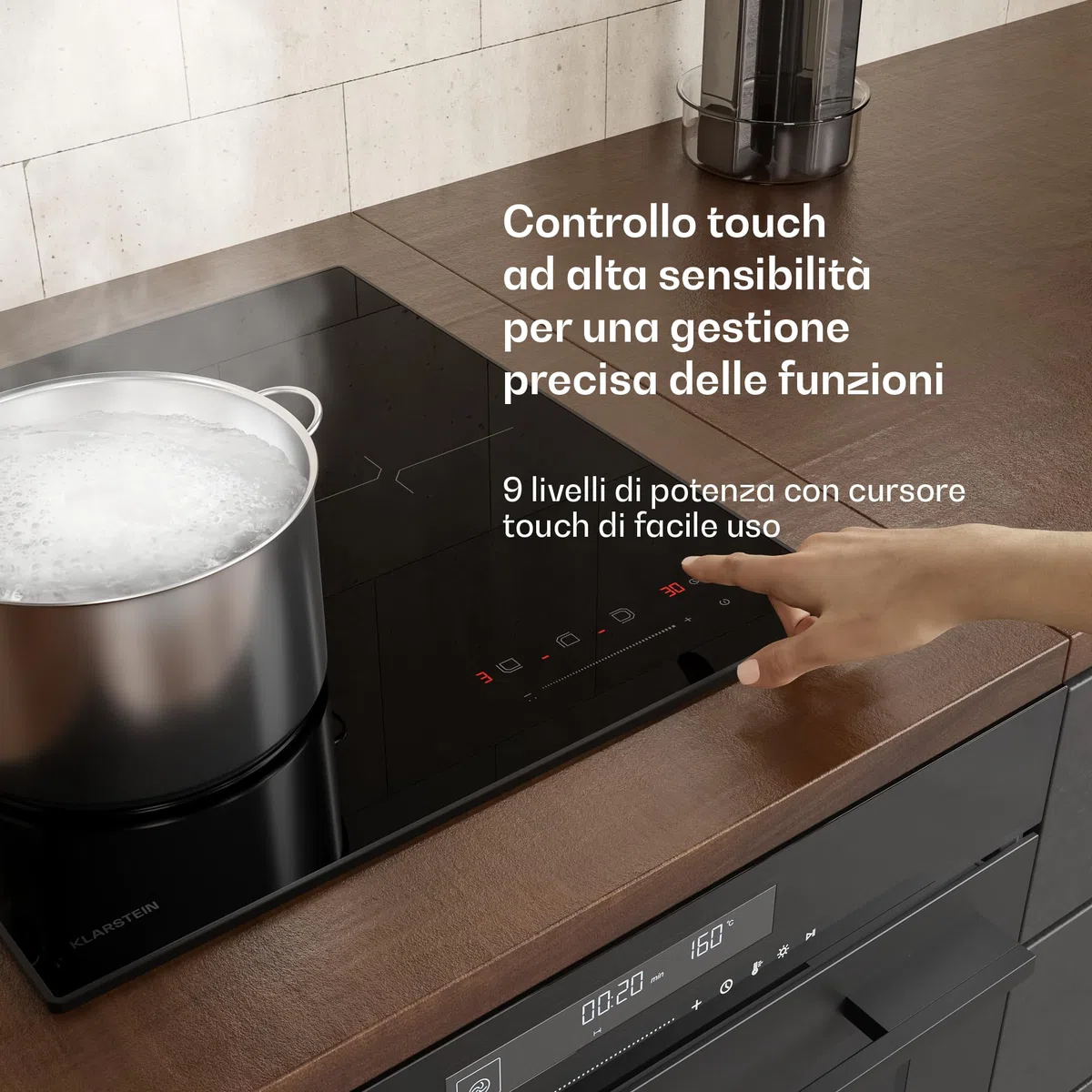 Klarstein Velaire Piano Induzione 45cm 3 Zone 5500W Cursore Touch Timer Blocco Bambini Vetro Nero