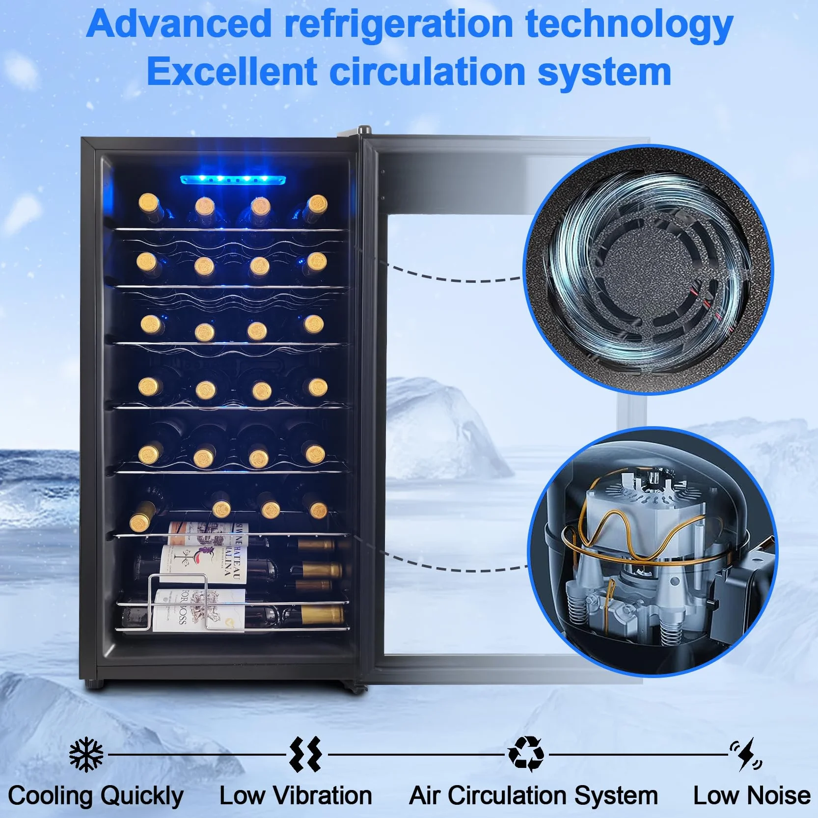 Display4top Frigorifero Cantinetta Frigo per Vini e bevande, Supporta 28 bottiglie, Porta in vetro temperato, termostato pannello touch(82L)