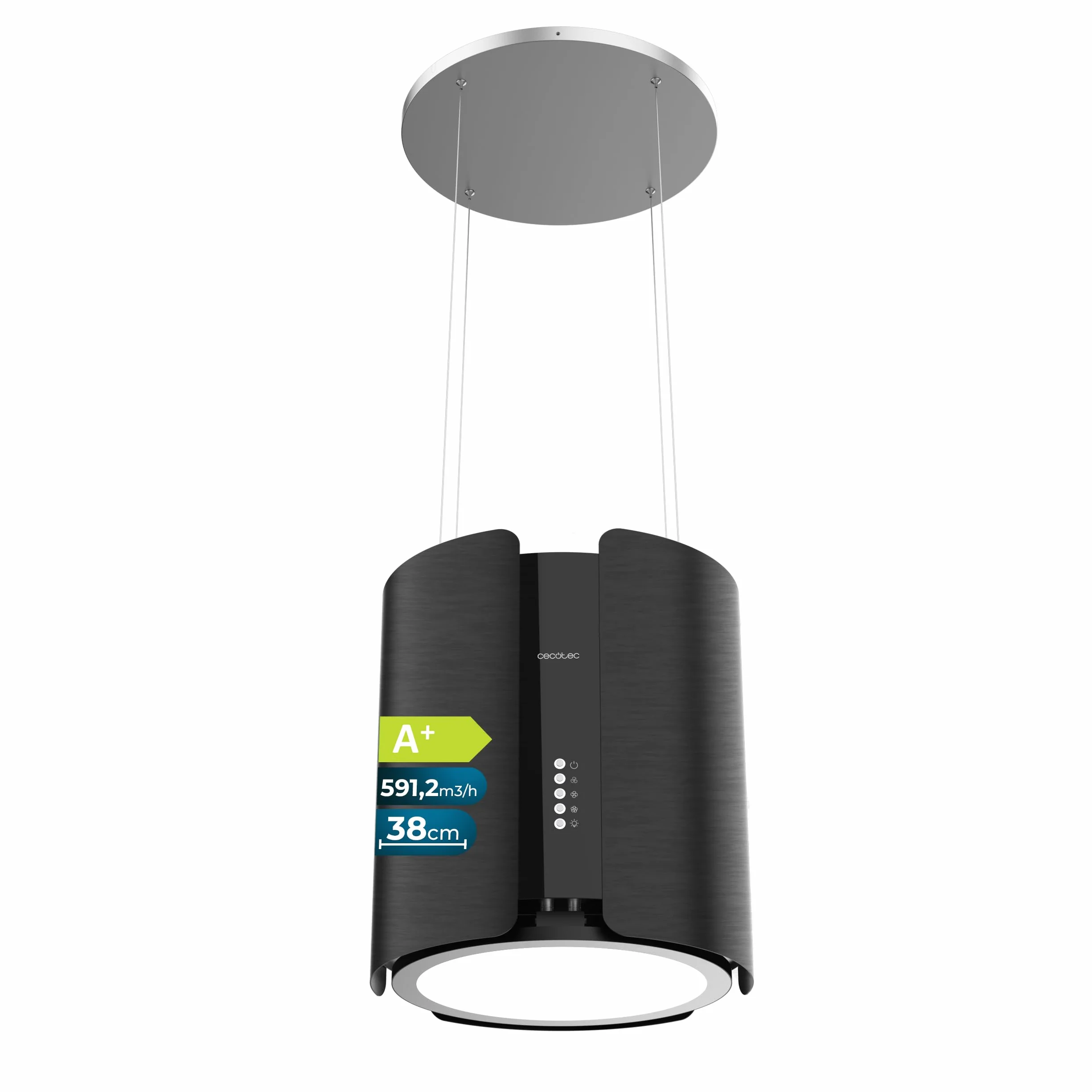 Cecotec Cappa a Isola Rotonda 38 cm Bolero Flux CRE 385500 Black A+. Portata 591,2 m³/h, Motore DC, Comandi Elettronici, Filtro Carbone, Classe A+, Finitura Acciaio Nero