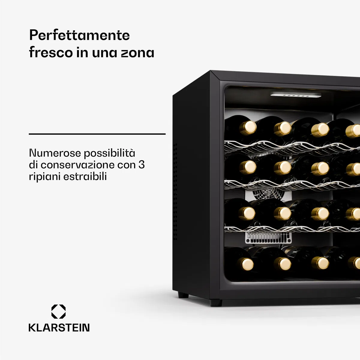 Klarstein Cantinetta Vino Refrigerata a Zona Singola, Frigo Bar, Cantina Vino con Porta in Vetro, Mini Frigo Silenzioso, 5-22°C 16 Bottiglie