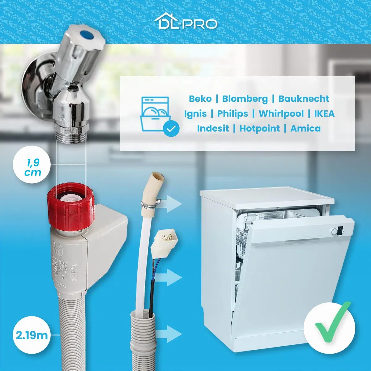 DL-pro - Aquastop, tubo di alimentazione, 2,19 m per Beko 1760360100 Whirlpool 481253029201, tubo dell'acqua per lavastoviglie DSN DDN DFN