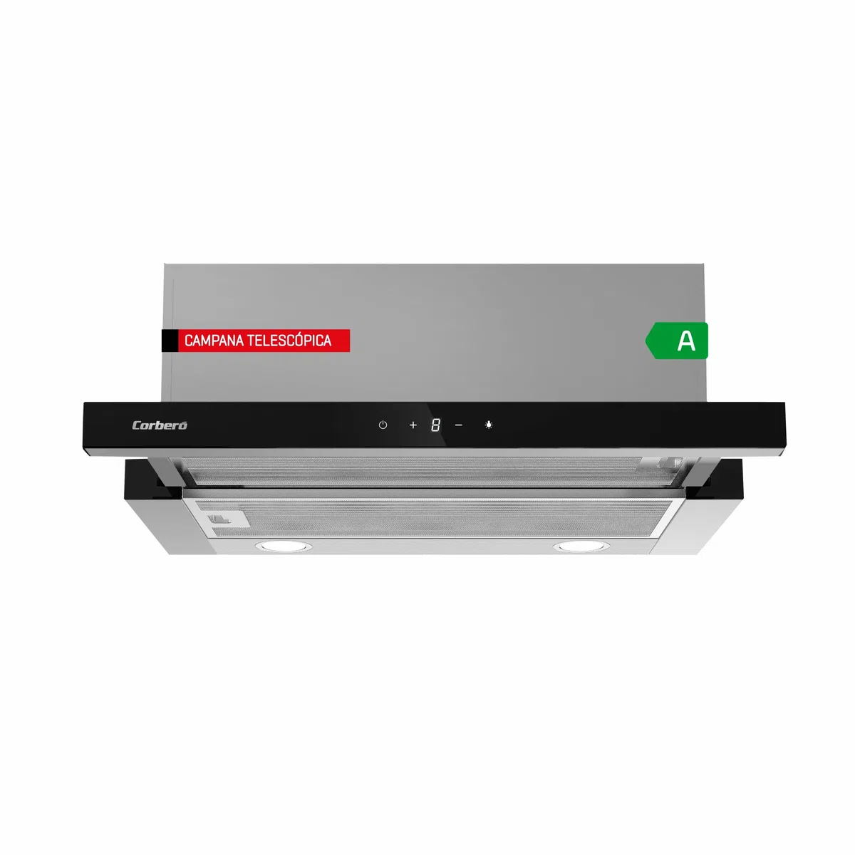 Corberó ANETO960X Cappa Telescopica Inox&Nero, 90 cm, Portata 600 m3/h, Potenza 165 W, 3 velocità, Filtro alluminio 3 strati, Filtro Carbon, Efficienza Energetica A