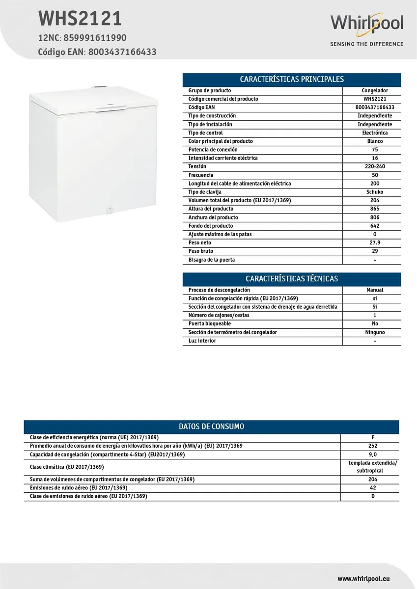 Whirlpool WHS2121(2) Congelatore a Pozzetto, Tecnologia FastFreezing, 202 L, F, Bianco