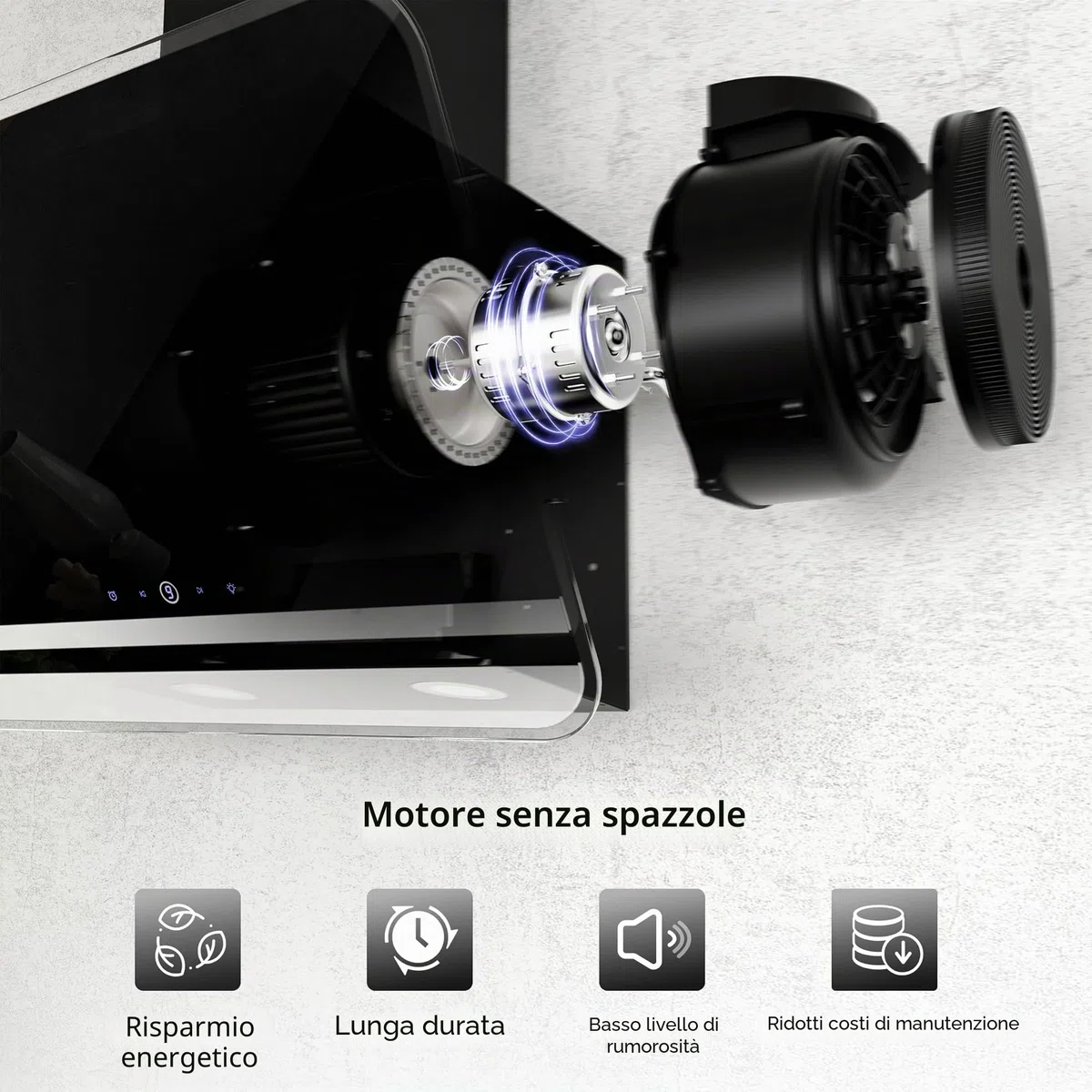 FIREGAS Cappa Aspirante 60 cm, Motore Senza Spazzole, 578 m³/h, 9 Velocità, Illuminazione LED, Controllo Tattile, Silenziosa 35dB, Classe A++, Filtro a Carboni Attivi e Tubo di Scarico Incluso