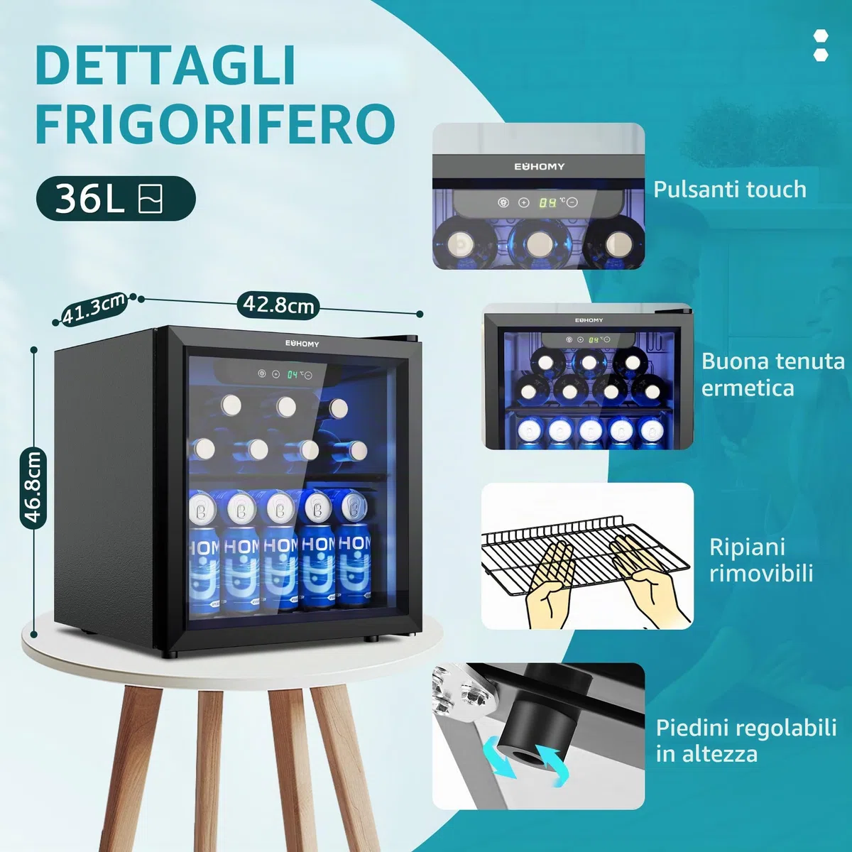 EUHOMY Frigorifero per Bevande 36L – Professional Mini Frigo per Bevande con Porta in Vetro, 2 Ripiani Regolabili, Capacità 55 Lattine, Porta Reversibile e Luce LED, per Ufficio, Camera, Bar – Nero