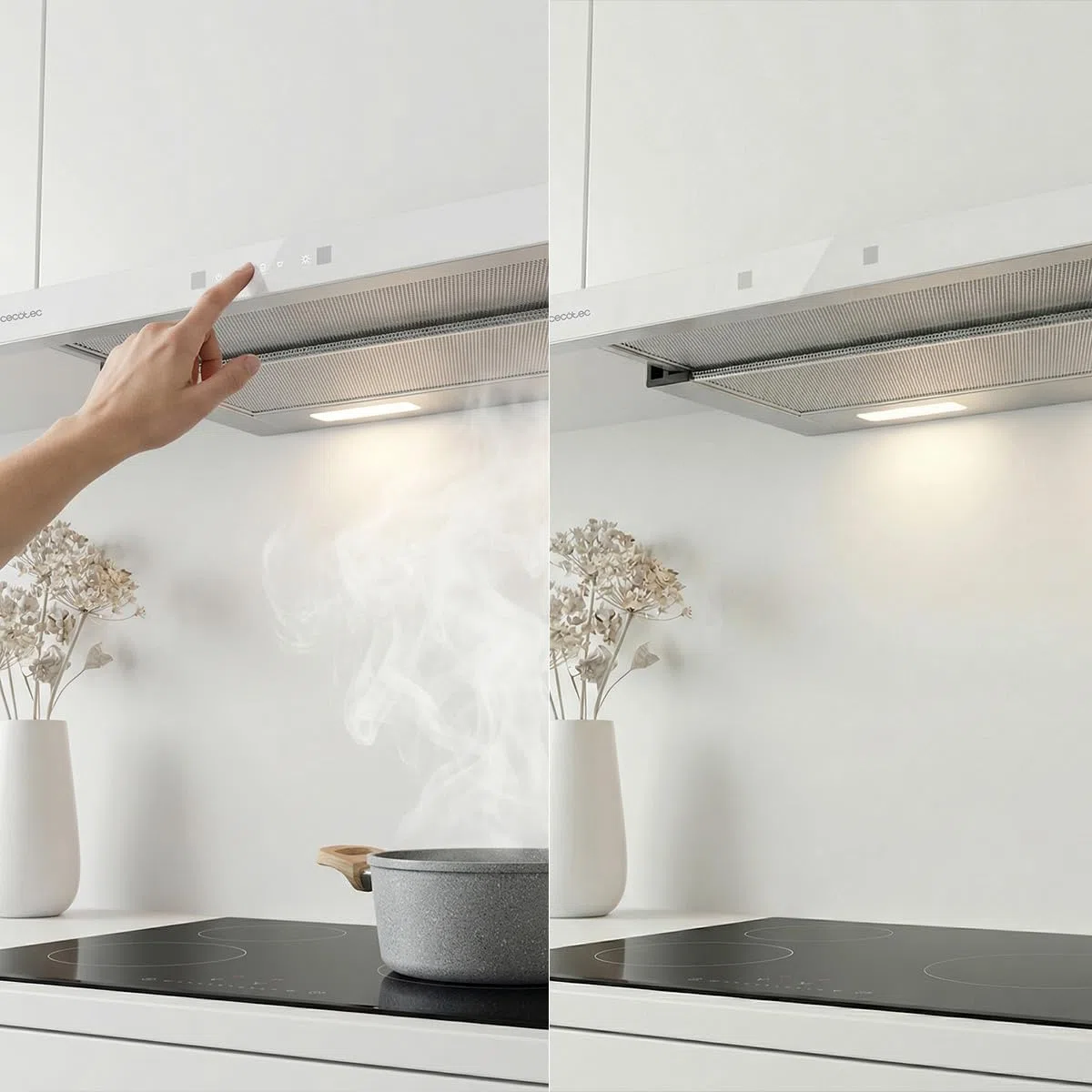 Cecotec Cappa Aspirante Telescopica Bolero Flux TLT 605501 Glass White A++, 60cm, 606,4m³/h Aspirazione, Classe A++, Controllo Touch Invisibile, Hand Movement Control, Booster, Filtri Lavabili
