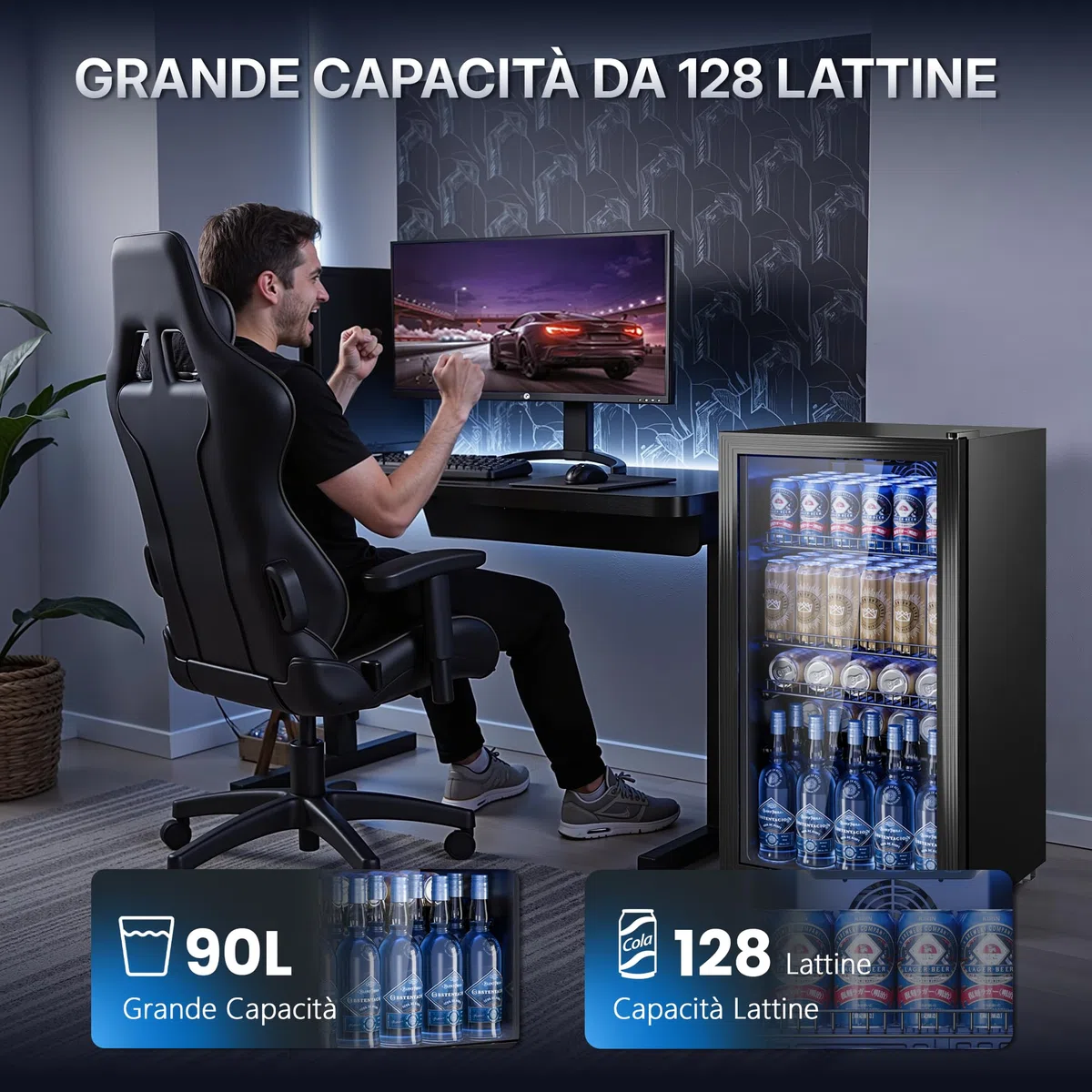 TRIUMPHKEY Frigorifero per Bevande 90 L con Porta in Vetro, Mini Frigo per 128 Lattine, Ripiani Regolabili per Birra, Vino e Bibite, Ideale per Casa, Bar e Ufficio