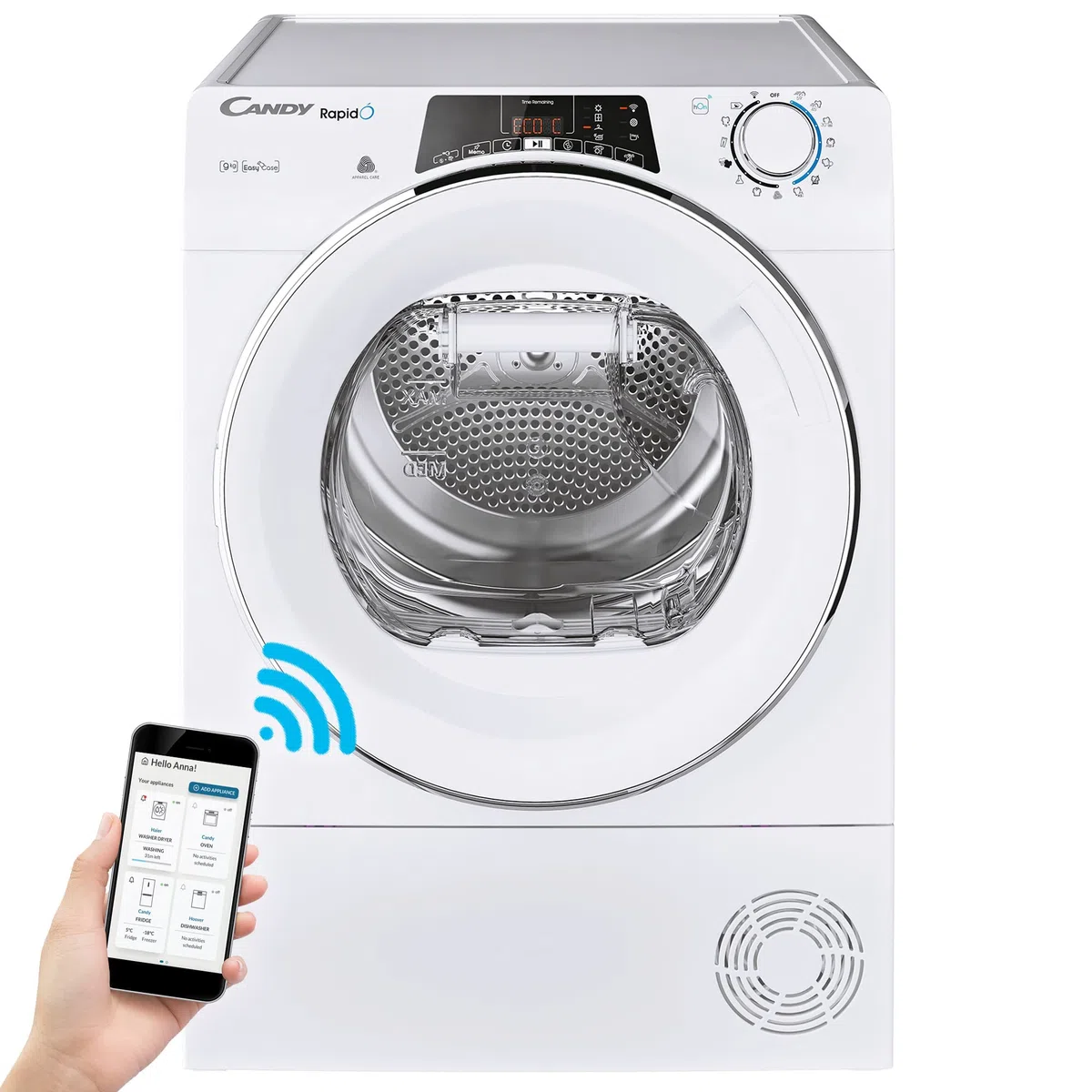 Candy RapidÓ Asciugatrice 9 Kg a Pompa di Calore, Libera Installazione, Classe E, Connessione Wi-Fi, Controllo da App, Avvio Programmabile, Programma Lana, 59 x 58 x 85 cm, Bianca - ROE H9A2TCEX-S