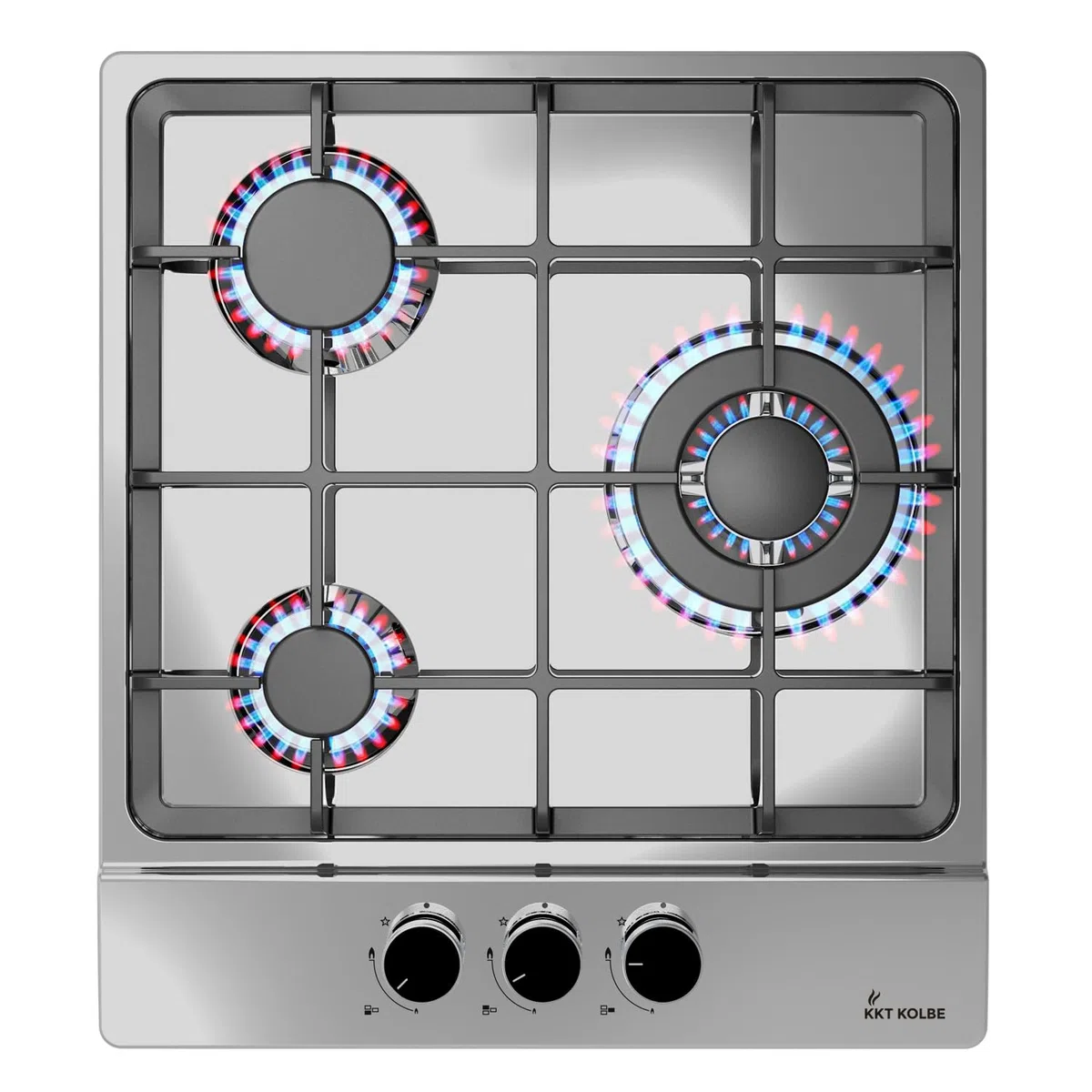 KKT KOLBE Piano cottura a gas da 44,5 cm, autonomo, 6,2 kW, 3 fuochi, regolabile in continuo, zona wok, senza cornice, controllo a manopola, supporti in ghisa, acciaio inox, gas propano, gas naturale