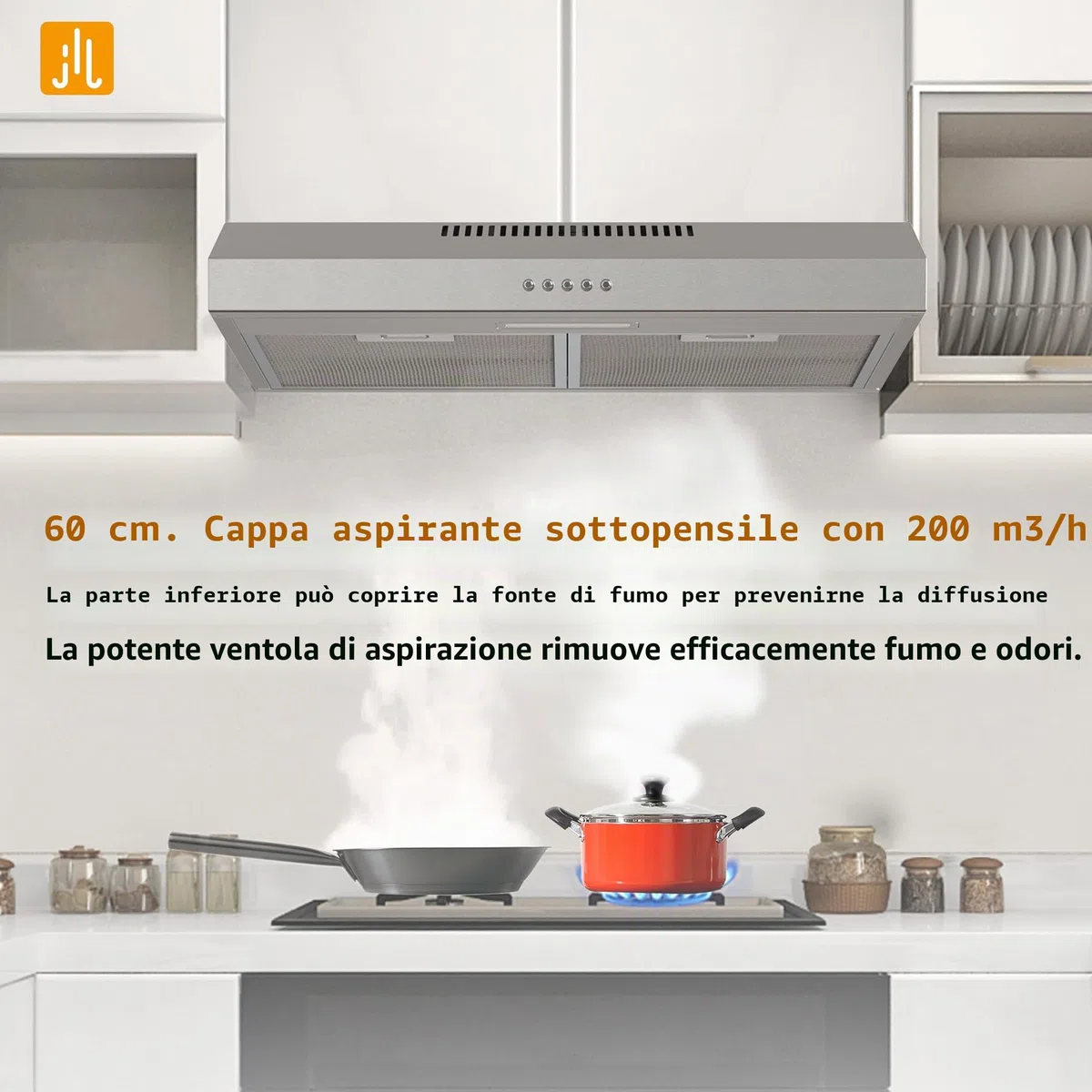 FIREGAS Cappa Aspirante 60 cm, Cappe a muro, Sottopensile Cappa da Cucina, 3 Velocità, Luci LED, Modalità di Scarico e Ricircolo, Argento
