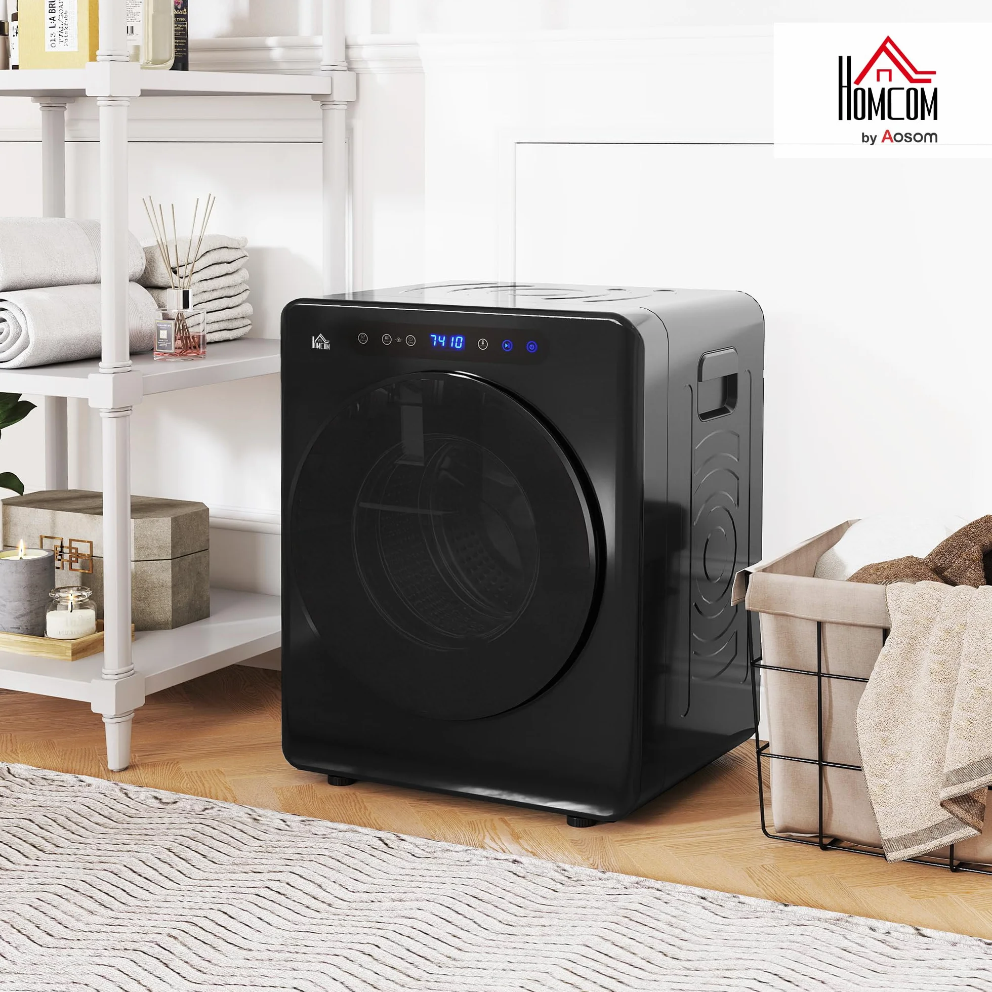HOMCOM Mini asciugatrice da 3 kg con disinfezione, 6 programmi, 1000 W, con touch screen a 3 temperature e timer, per camper, casa, nero