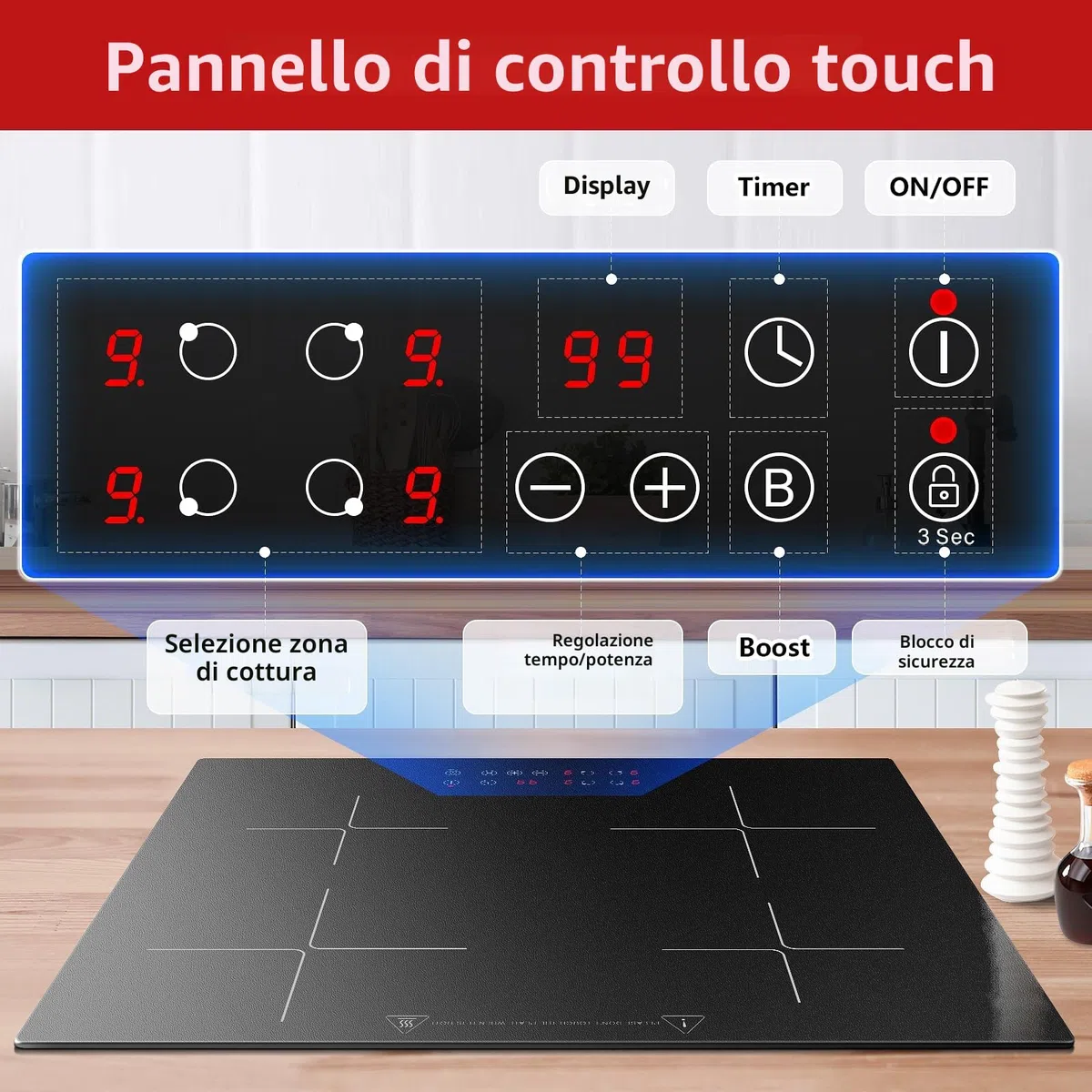 Piano Cottura a Induzione 4 Fuochi, con funzione Booster, Piano Cottura Induzione da incasso 60cm 6000W, 9 Livelli, Controllo Touch, Timer