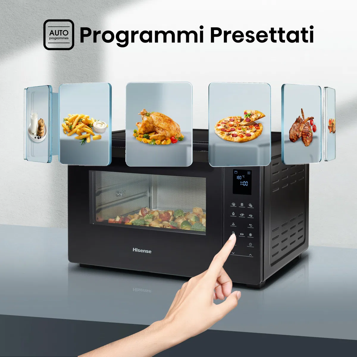 Hisense, HOM45D - Fornetto elettrico 45L, tre livelli di cottura a convezione, girarrosto, comandi touch, programmi automatici