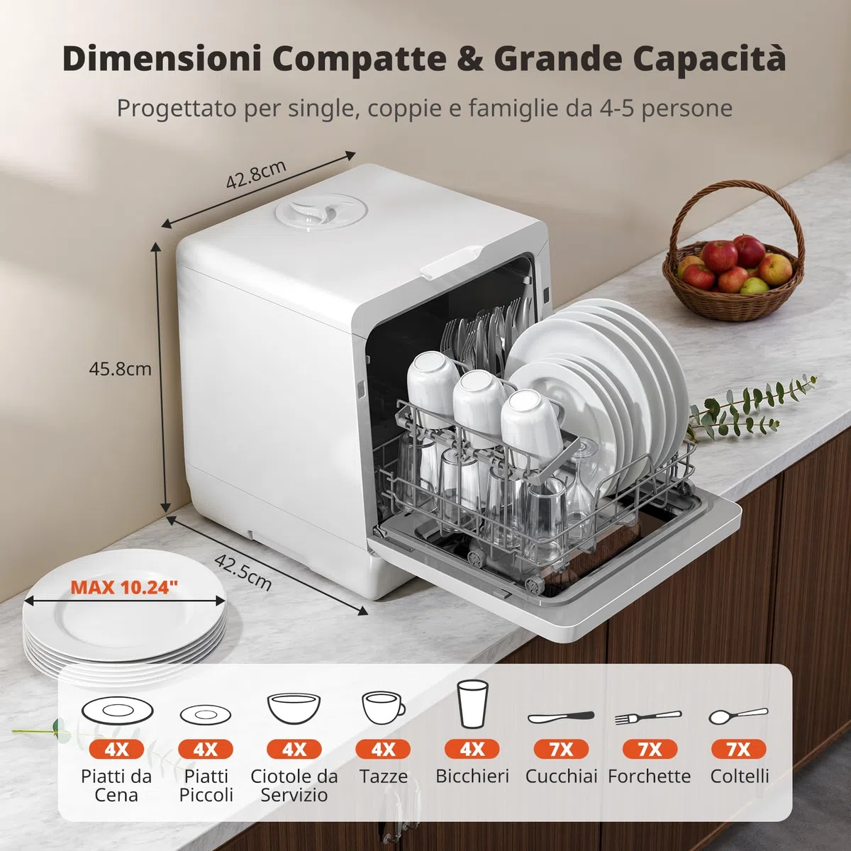 AIRMSEN Mini Lavastoviglie da Tavolo, lavastoviglie portatile da 5L, 8+3 Programmi, Avvio Ritardato 1–18 h, Sistema di Addolcimento e Blocco Bambini