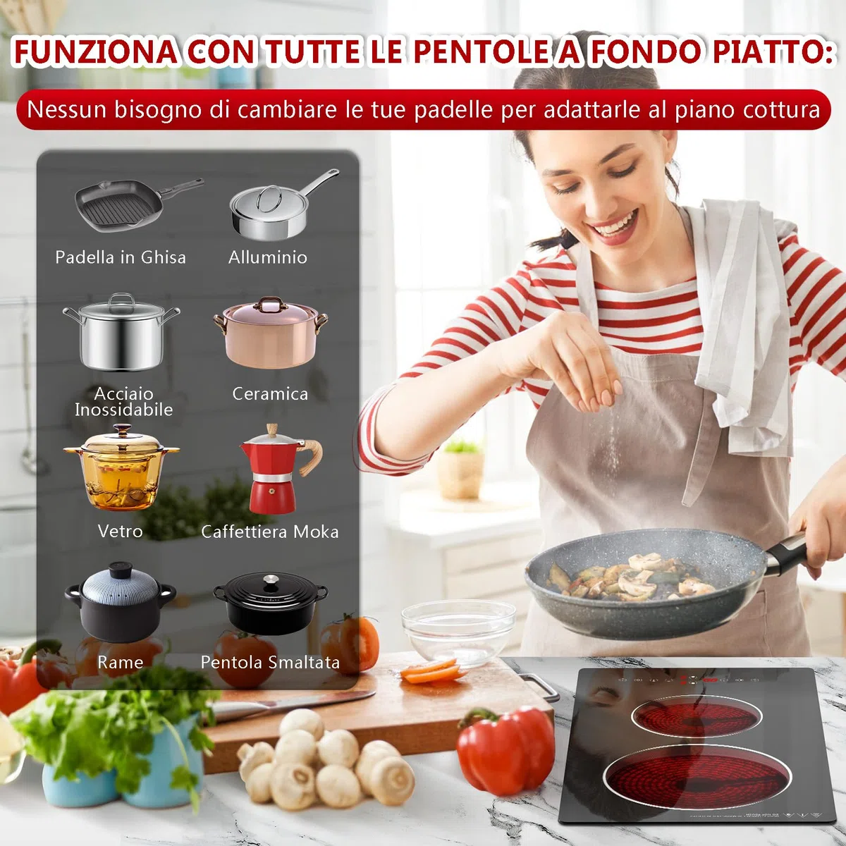 Piano Cottura 2 Fuochi Elettrico Vetroceramica, 30cm Vetroceramica Piano Cottura Elettrico a Incasso con Spina, Controllo a Sfioramento, 9 Livelli di Riscaldamento,Blocco di Sicurezza, 3000W