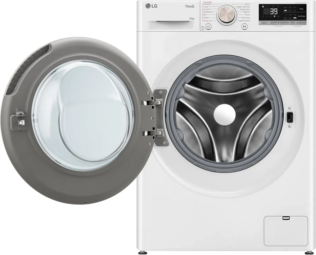 LG AI DD F4R7010TSWG Lavatrice 10 kg Classe A -10%, 1400 Giri, Carica Frontale con Oblò in Vetro Temperato, Funzione TurboWash 360, Vapore su 7 Programmi, Wi-Fi, Libera installazione, Serie R7, Bianca