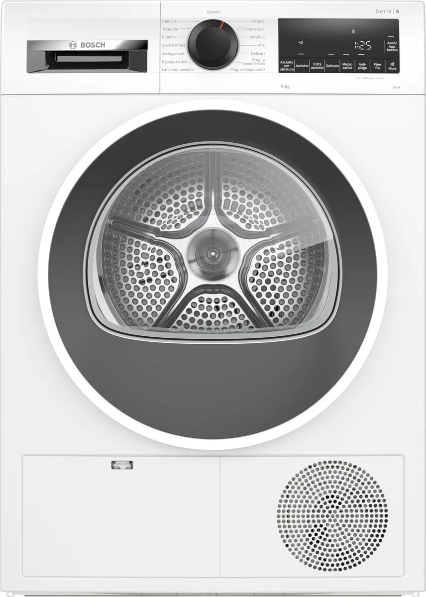 Bosch WQG24108IT Serie 6, Asciugatrice a pompa di calore, capacità 9 kg, EasyClean: i filtri per la lanugine, Cestello Lana, Mezzo carico, Programma Rapido