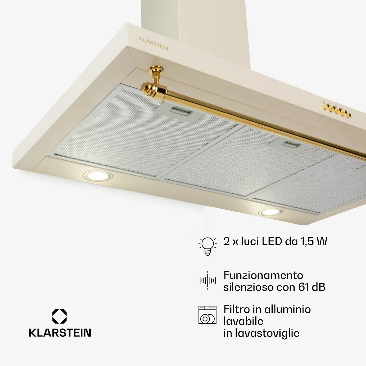 Klarstein Cappa Aspirante 90 cm Cucina Ventola Acciaio Inox Parete 591.5m³/h LED Classe A Filtro