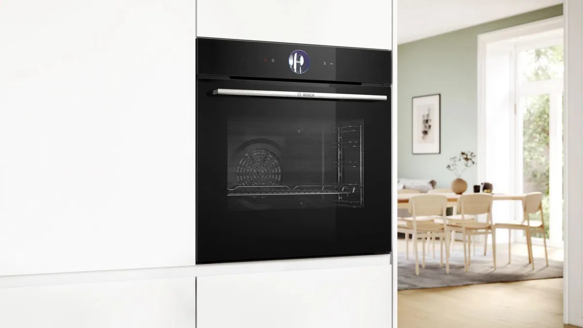 Bosch HRG7764B1, Smarter iQ700 - Forno da incasso con funzione vapore, 60 x 60 cm, prodotto in Germania, pirolisi e idrolisi, termometro per arrosti, Air Fry, schermo a colori touch screen 4D, aria