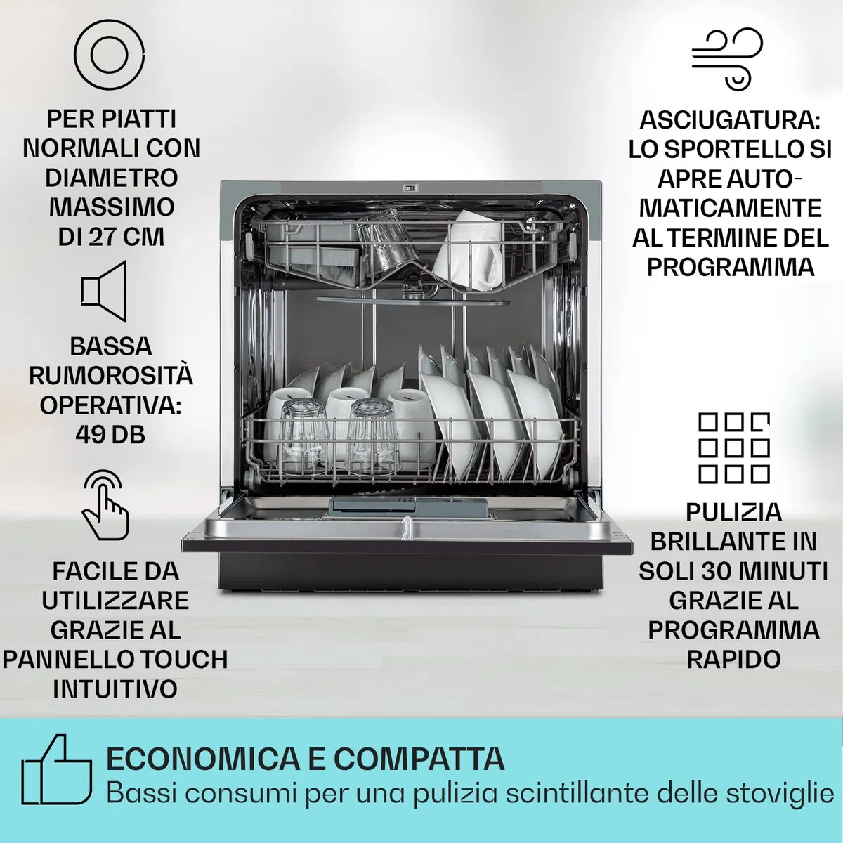 Klarstein Lavastoviglie 8 Coperti, Libera Installazione Silenziosa con 6 Programmi di Lavaggio, Lavastoviglie Mini da Tavolo Compatta e Facile da Installare, Acciaio inossidabile, Antracite