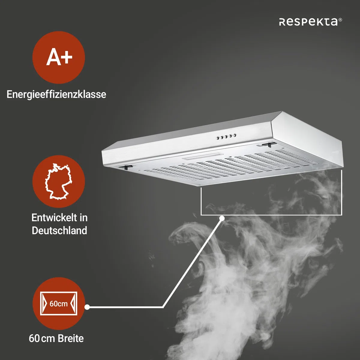 Respekta Sina cappa sottopensile inox/cappa aspirante 60 cm/corpo inox di qualità/funzione aspirazione e espulsione aria / CH600IX-19 / classe efficienza energetica A+ / 54–65 dB