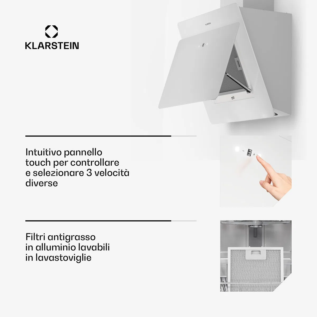 Klarstein Cappa Aspirante 60 cm, Cappa Cucina, Cappa Filtrante in Acciaio Inox, Scarico: 620m³/h, Illuminazione LED, Pannello Touch, Filtro Per Ricircolo, Safety Glass, Classe Energetica B, Bianco