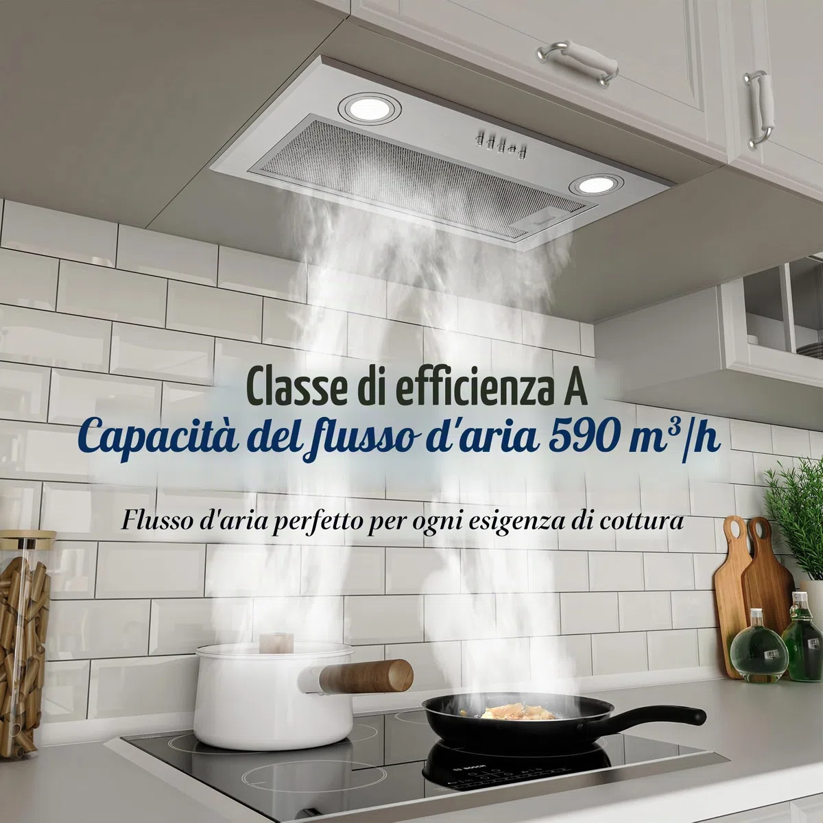 FIREGAS Cappa Aspirante a Incasso 52cm, Aspiratore Silenzioso con Motore ad Alta Efficienza, Classe Energetica A, 590m³/h, 3 Velocità, Illuminazione LED, Filtro a Carboni Attivi