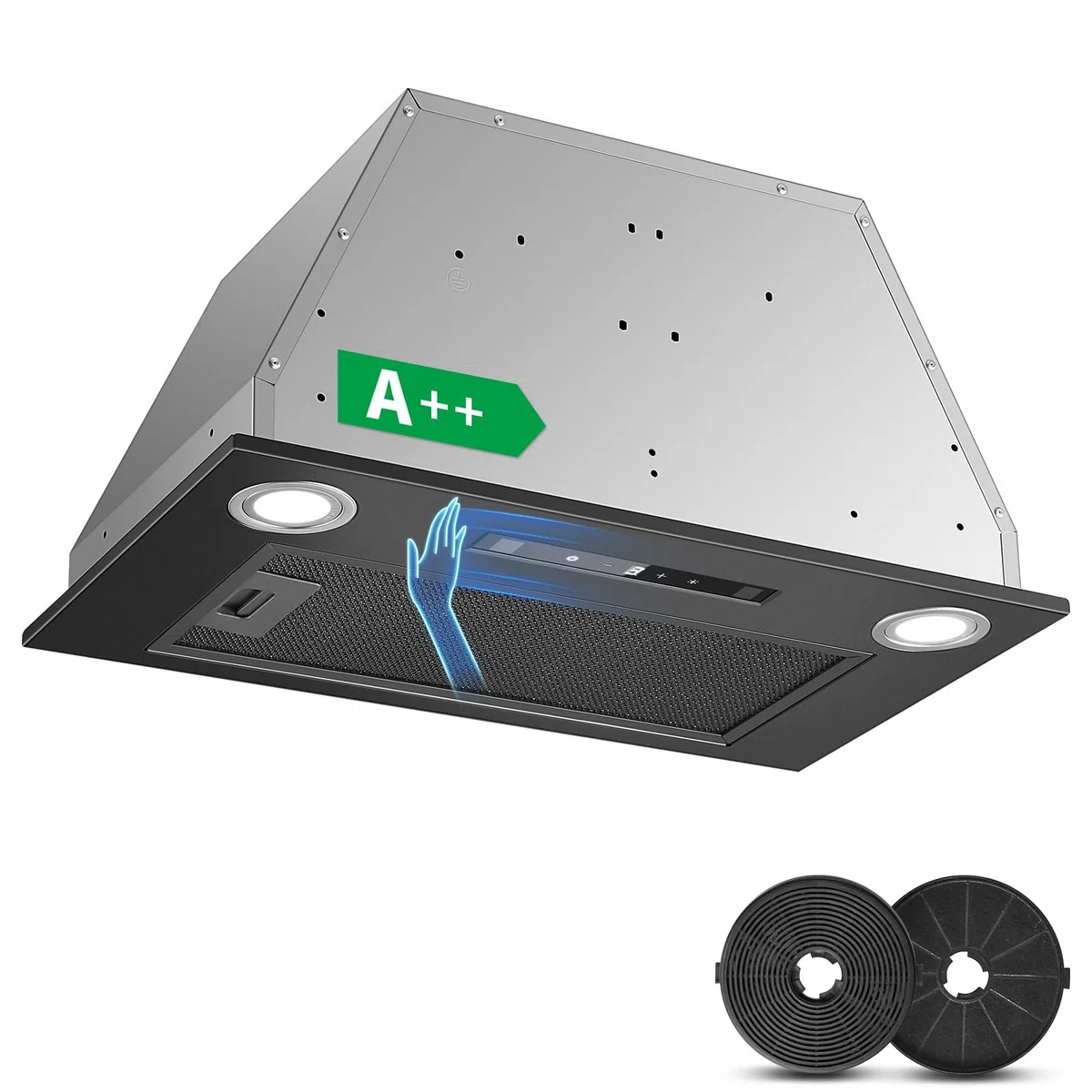 Cappa da incasso 52 cm, 400 m³/h, Nero Cappa da cucina, Comandi Gesto, Tocco, 3 velocità e Booster, Illuminazione a LED, Evacuazione dei condotti e ricircolo con filtro carbone attivo