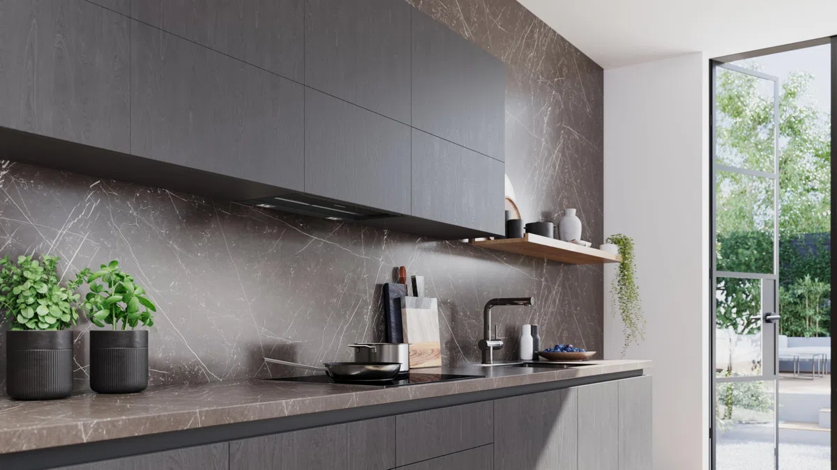 iQ500, cappa di design integrato, 60 cm, vetro trasparente nero stampato, nero opaco, LJ67BDP60