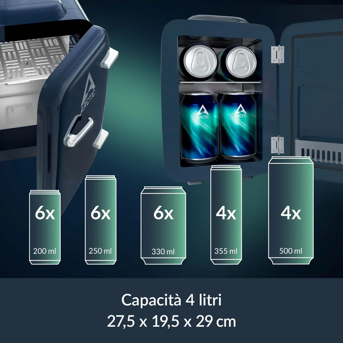 ARCTIC Fridge - Mini frigorifero da 4L per bevande e cosmetici, con funzione di raffreddamento e riscaldamento, 12 V DC e 220 V AC, ideale per auto, ufficio, campeggio e viaggi, spina EU – Blu