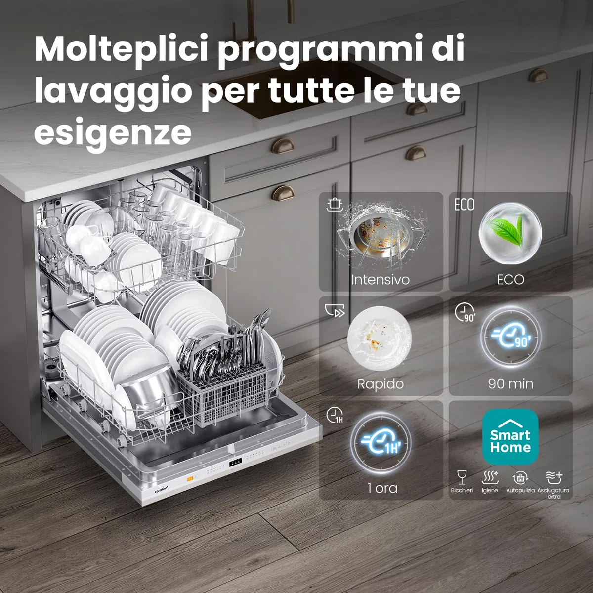 COMFEE' CDWPB1215P-W Lavastoviglie da Incasso 12 coperti 8 Programmi Home Connect Inox