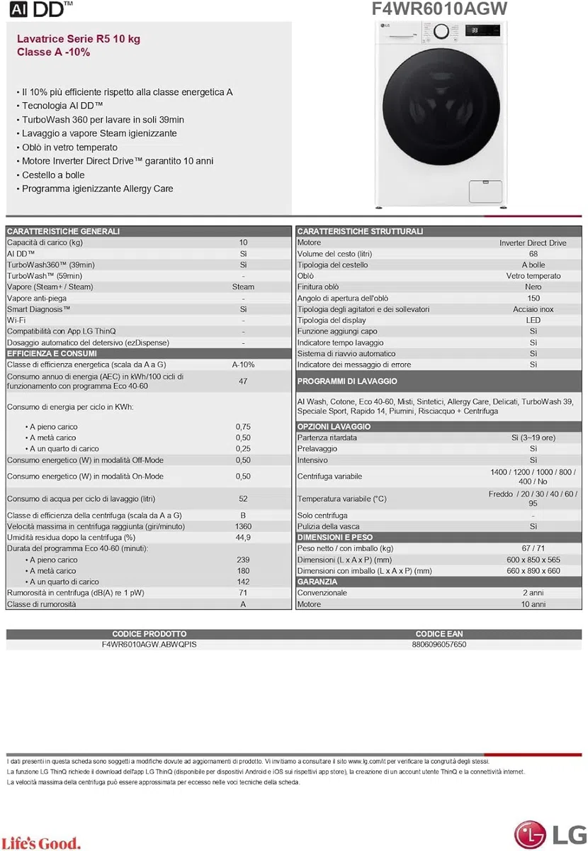 LG AI DD F4WR6010AGW Lavatrice 10 kg Serie R5, Carica Frontale, Classe A-10%, 1400 giri, TurboWash 360, Lavaggio a vapore, Motore Direct Drive, Smart Diagnosis, Libera installazione, Bianca
