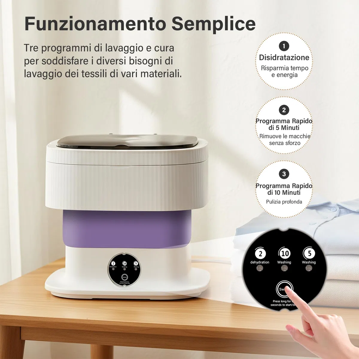 Lavatrice con Funzione Centrifuga – Lavatrice con Controllo Touchscreen, 3 Programmi di Lavaggio, Funzionamento Silenzioso, per Appartamento, Residenza Studentesca, Campeggio e Viaggio